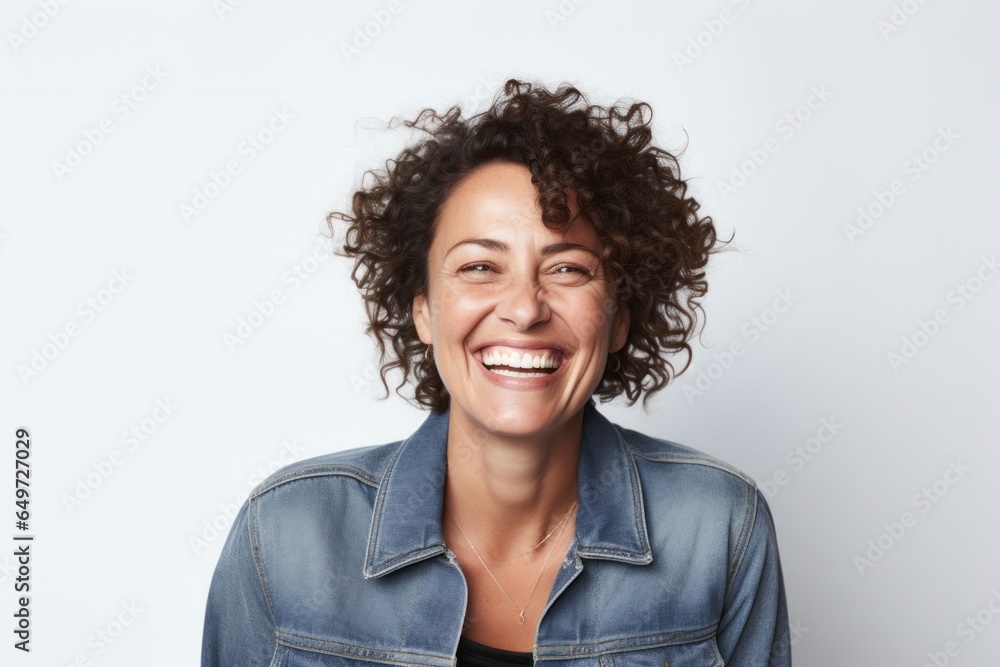 portrait of a happy Israeli woman in her 40s wearing a denim jacket against a white background portrait of a happy Israeli woman in her 40s wearing a denim jacket against a white background