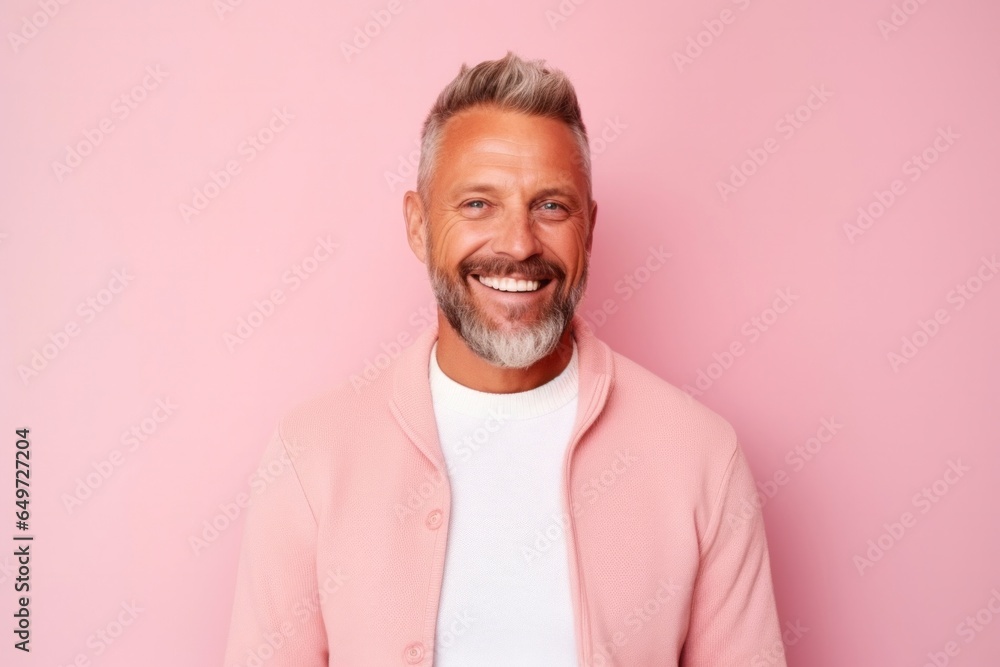 medium shot portrait of a happy Polish man in his 40s wearing a chic cardigan against a pastel or soft colors background medium shot portrait of a happy Polish man in his 40s wearing a chic cardigan against a pastel or soft colors background