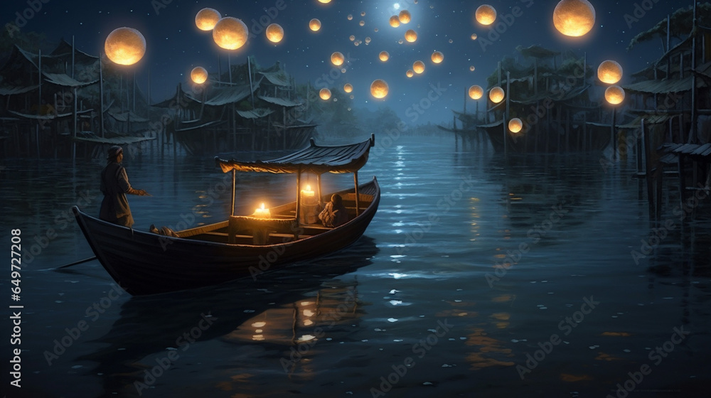 lamp night travel celebration festival lantern river boat light water. Generative AI.