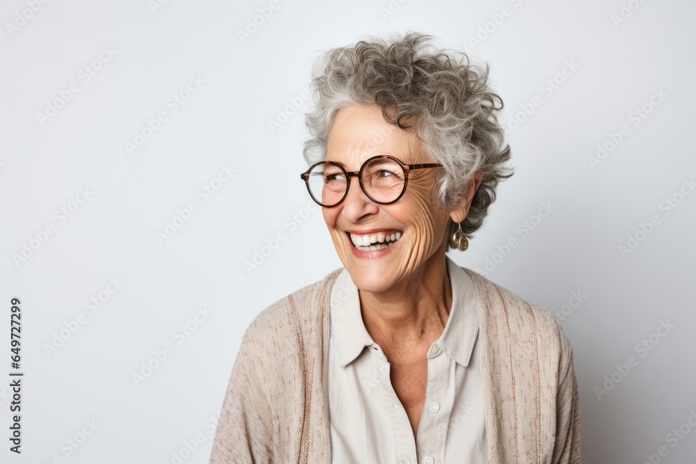 portrait of a happy Israeli woman in her 70s wearing a chic cardigan against a white background portrait of a happy Israeli woman in her 70s wearing a chic cardigan against a white background