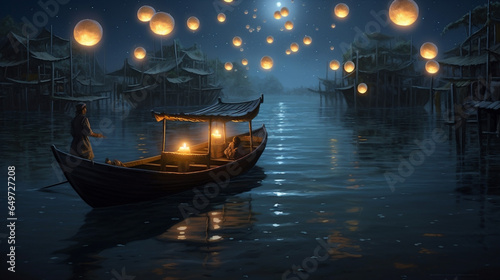 lamp night travel celebration festival lantern river boat light water. Generative AI.