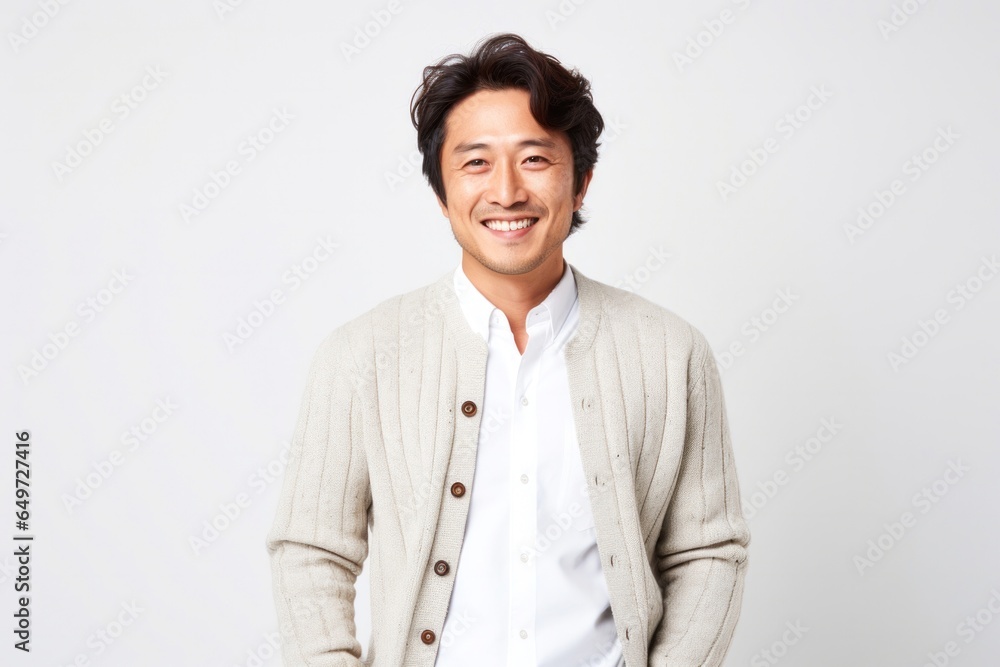 portrait of a happy Japanese man in his 30s wearing a chic cardigan against a white background portrait of a happy Japanese man in his 30s wearing a chic cardigan against a white background
