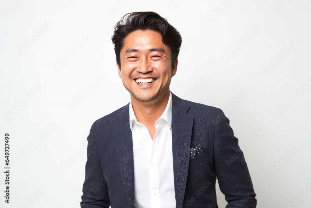 portrait of a happy Japanese man in his 40s wearing a chic cardigan against a white background portrait of a happy Japanese man in his 40s wearing a chic cardigan against a white background