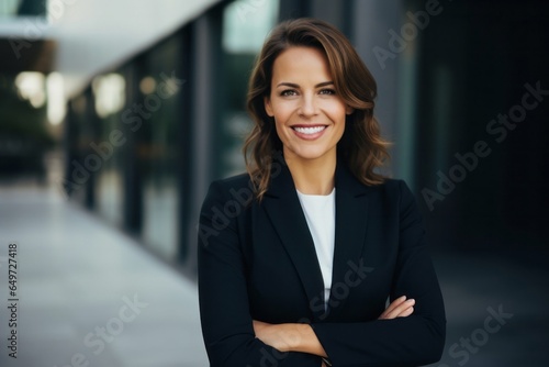 Free Download medium shot portrait of a happy Polish woman in her 30s wearing a sleek suit against a modern architectural background - GFXLoad