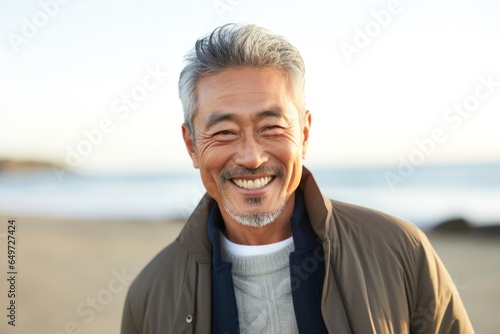 portrait of a happy Japanese man in his 50s wearing a chic cardigan against a beach background