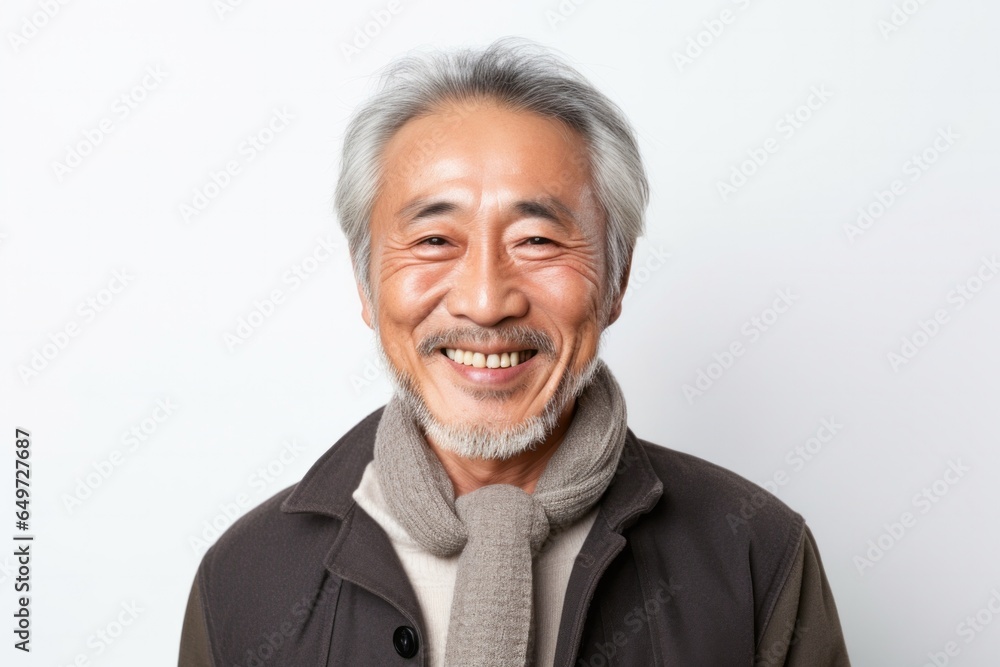 portrait of a happy Japanese man in his 60s wearing a foulard against a white background portrait of a happy Japanese man in his 60s wearing a foulard against a white background