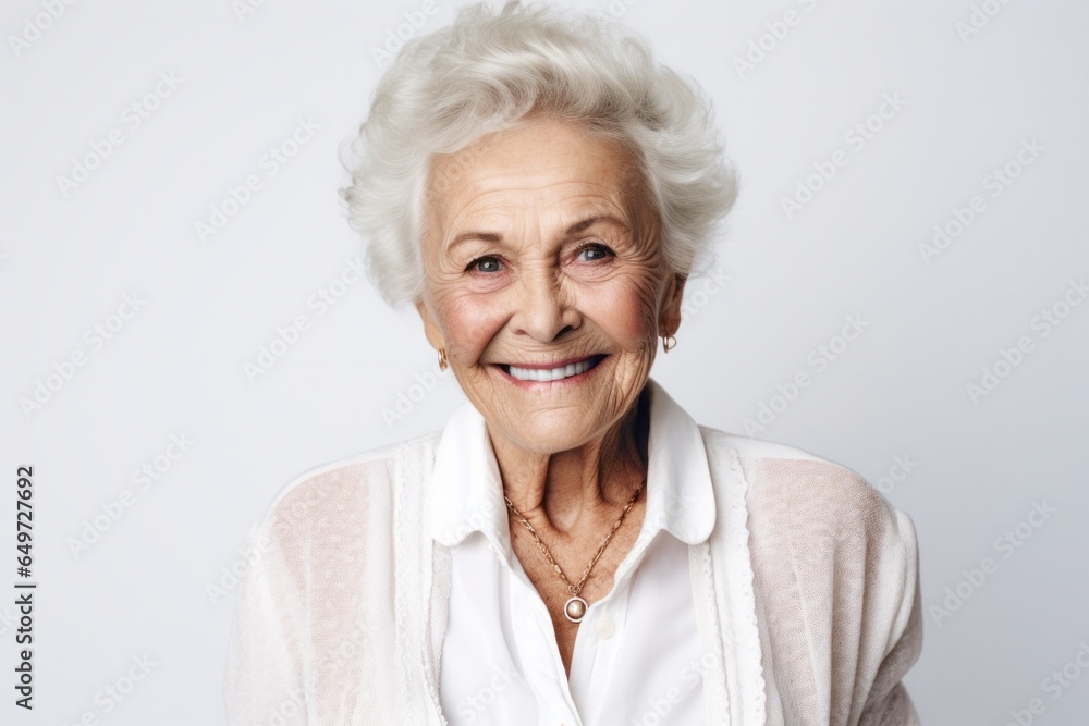 medium shot portrait of a happy Polish woman in her 90s wearing a chic cardigan against a white background medium shot portrait of a happy Polish woman in her 90s wearing a chic cardigan against a white background