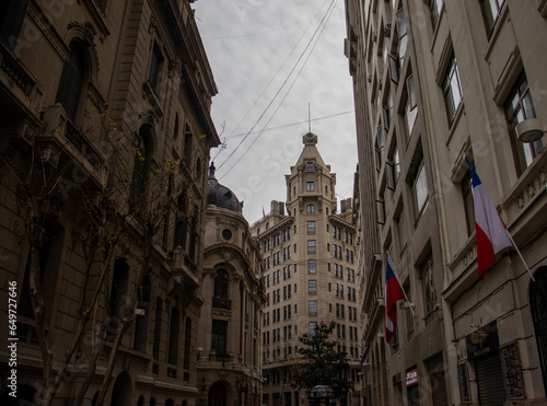 New York Street with old buildings and constructions similar to the American city in the tourist center of Santiago de Chile