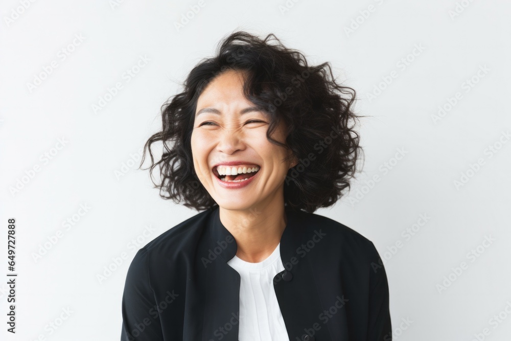 portrait of a happy Japanese woman in her 40s wearing a chic cardigan against a white background