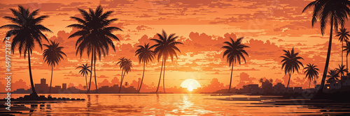 Pixelated beach scene with beatiful orange sunset