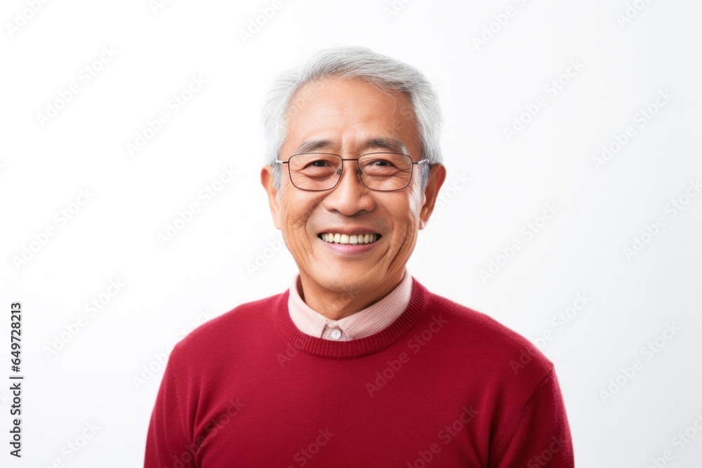 medium shot portrait of a Filipino man in his 70s wearing a chic cardigan against a white background medium shot portrait of a Filipino man in his 70s wearing a chic cardigan against a white background