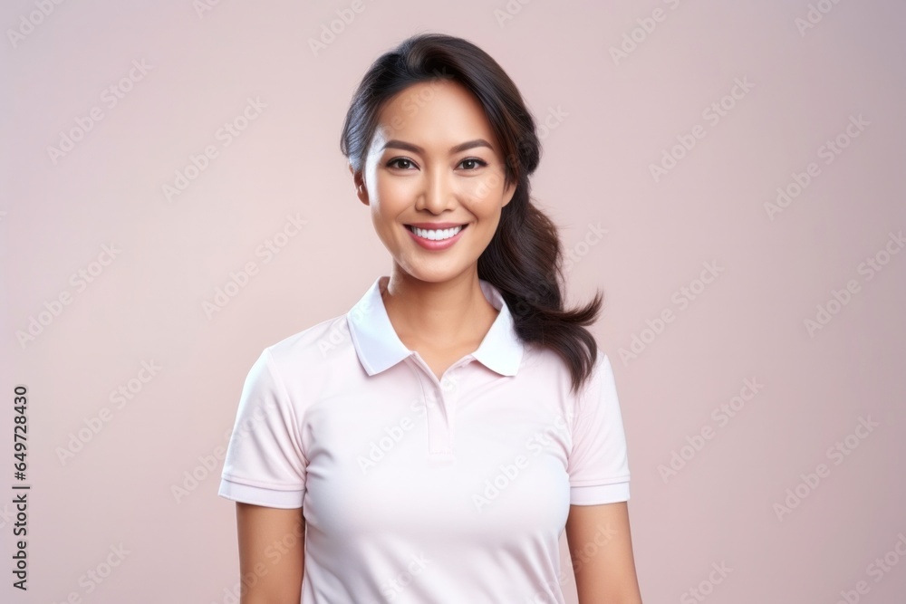 medium shot portrait of a Filipino woman in her 30s wearing a sporty polo shirt against a pastel or soft colors background medium shot portrait of a Filipino woman in her 30s wearing a sporty polo shirt against a pastel or soft colors background