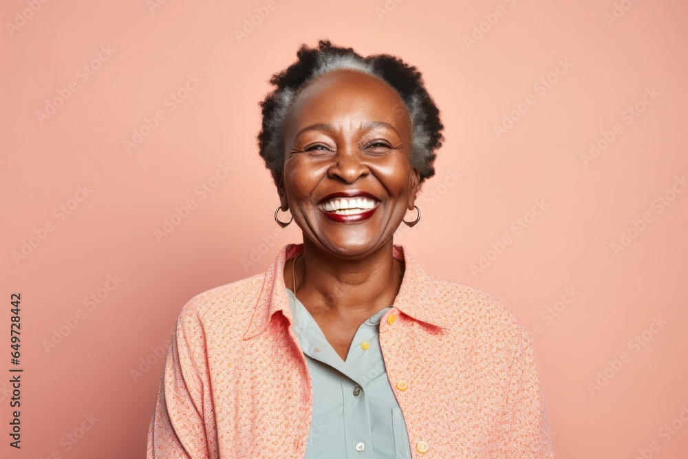 portrait of a happy Kenyan woman in her 50s wearing a chic cardigan against a pastel or soft colors background portrait of a happy Kenyan woman in her 50s wearing a chic cardigan against a pastel or soft colors background