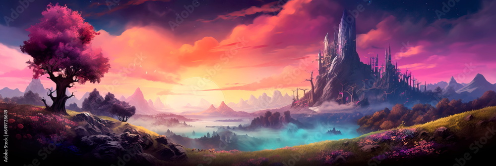 fantasy landscape with a gradient background of magical colors , sense of enchantment and wonder.