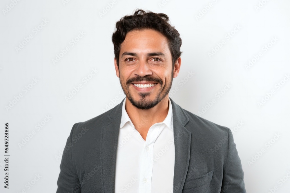 portrait of a happy Mexican man in his 30s wearing a chic cardigan against a white background portrait of a happy Mexican man in his 30s wearing a chic cardigan against a white background