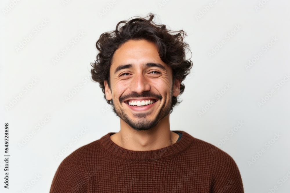 portrait of a happy Mexican man in his 30s wearing a cozy sweater against a white background