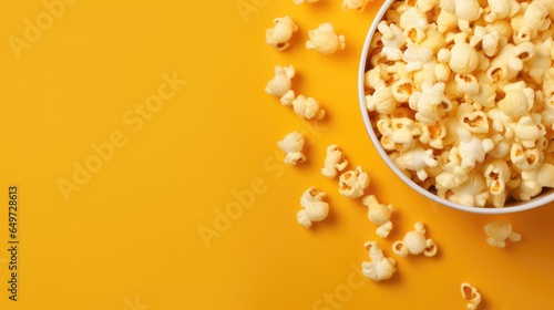 Popcorn viewed from above on yellow background. Flat lay of pop corn bow