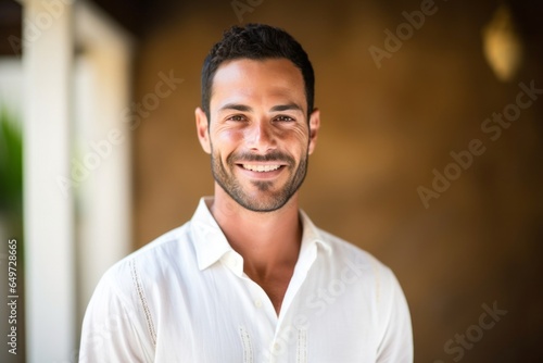 medium shot portrait of a Israeli man in his 30s wearing a simple tunic against an abstract background