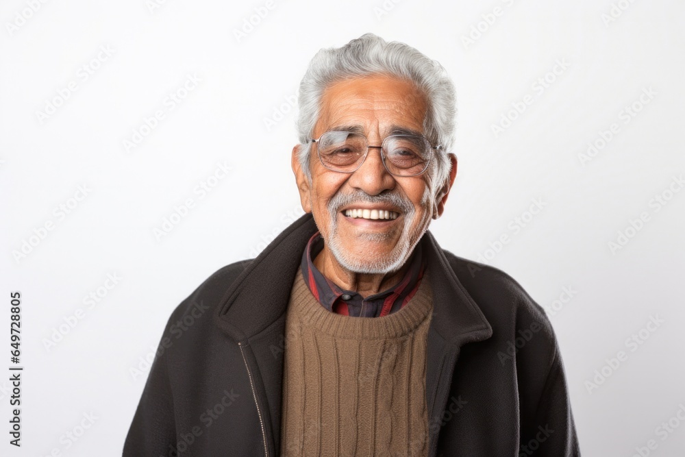 portrait of a happy Mexican man in his 80s wearing a chic cardigan against a white background portrait of a happy Mexican man in his 80s wearing a chic cardigan against a white background
