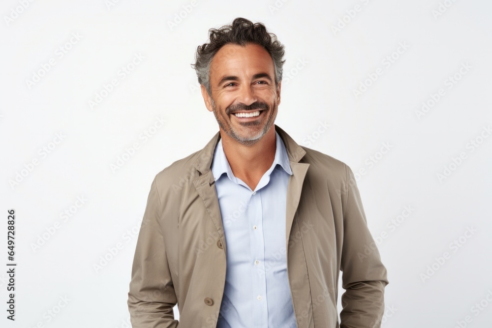 medium shot portrait of a Israeli man in his 40s wearing a chic cardigan against a white background medium shot portrait of a Israeli man in his 40s wearing a chic cardigan against a white background