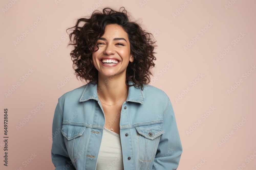portrait of a happy Mexican woman in her 30s wearing a denim jacket against a pastel or soft colors background portrait of a happy Mexican woman in her 30s wearing a denim jacket against a pastel or soft colors background