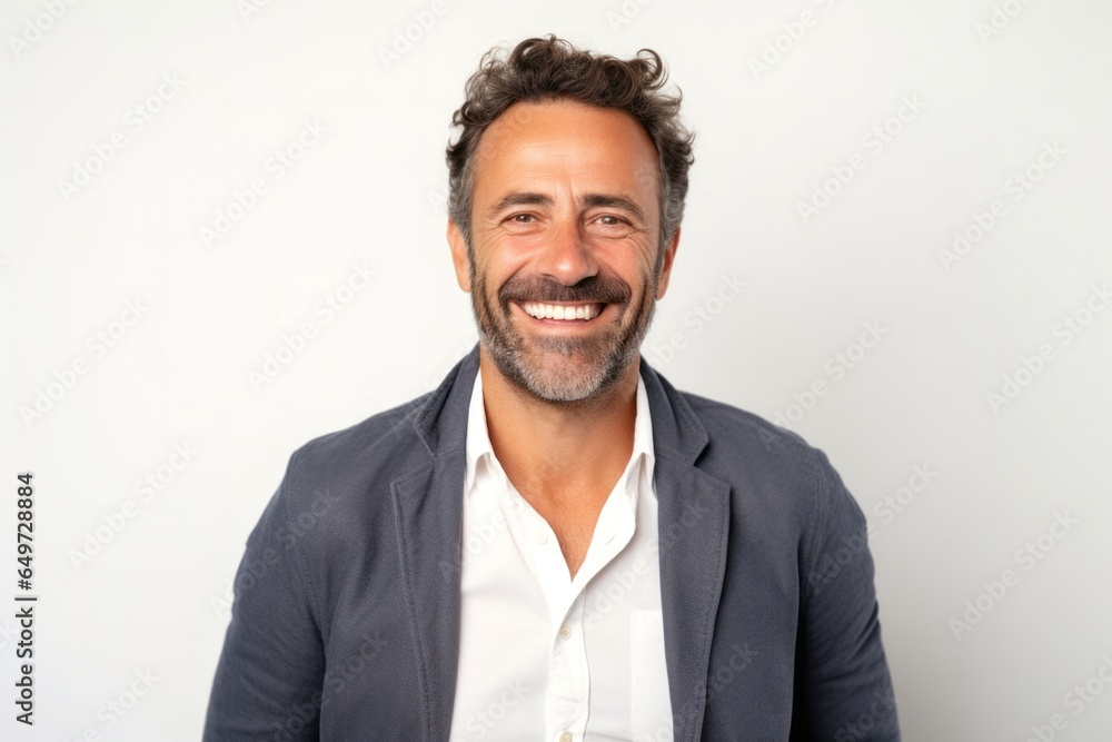 medium shot portrait of a Israeli man in his 40s wearing a chic cardigan against a white background