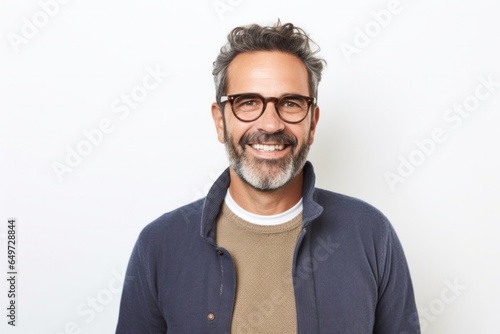 medium shot portrait of a Israeli man in his 40s wearing a chic cardigan against a white background © Anne-Marie Albrecht