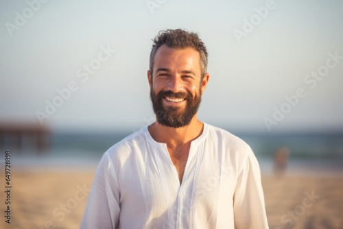 medium shot portrait of a Israeli man in his 40s wearing a simple tunic against a beach background