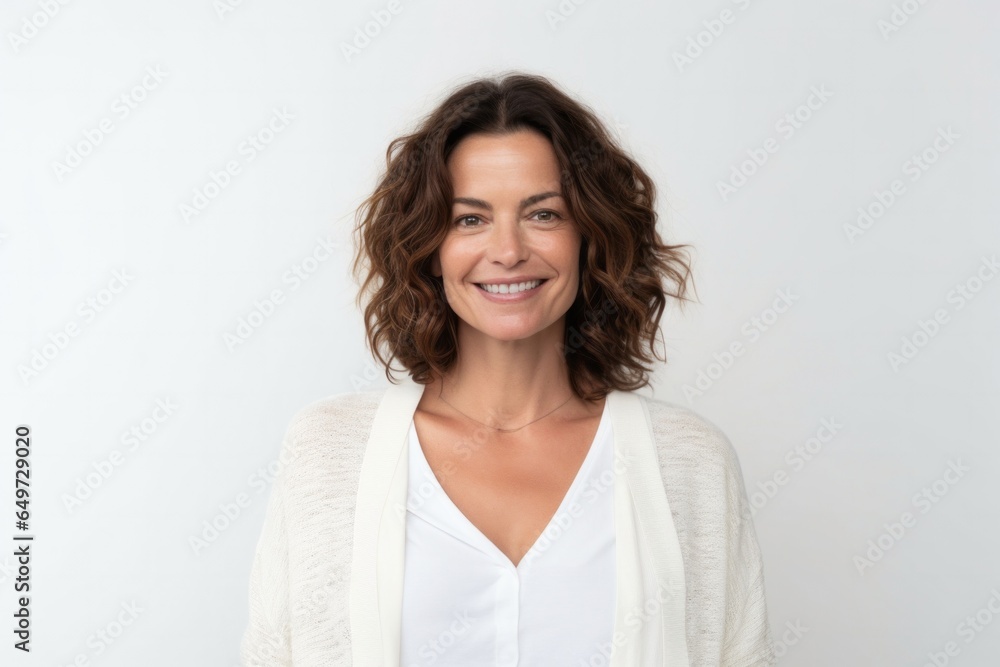 medium shot portrait of a Israeli woman in her 40s wearing a chic cardigan against a white background medium shot portrait of a Israeli woman in her 40s wearing a chic cardigan against a white background