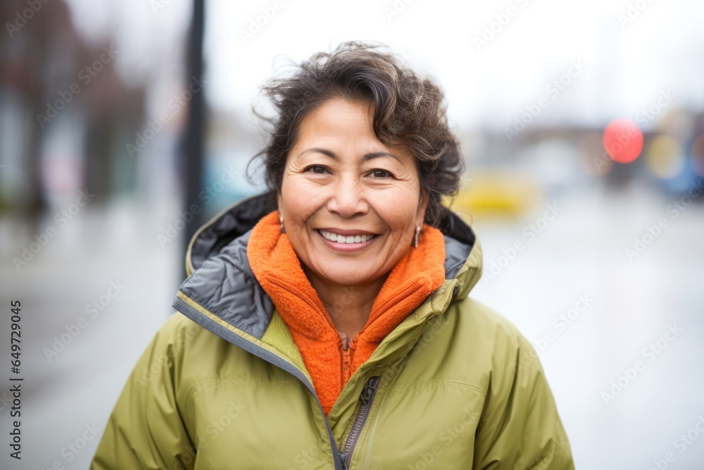 portrait of a happy Mexican woman in her 50s wearing a warm parka against a white background portrait of a happy Mexican woman in her 50s wearing a warm parka against a white background