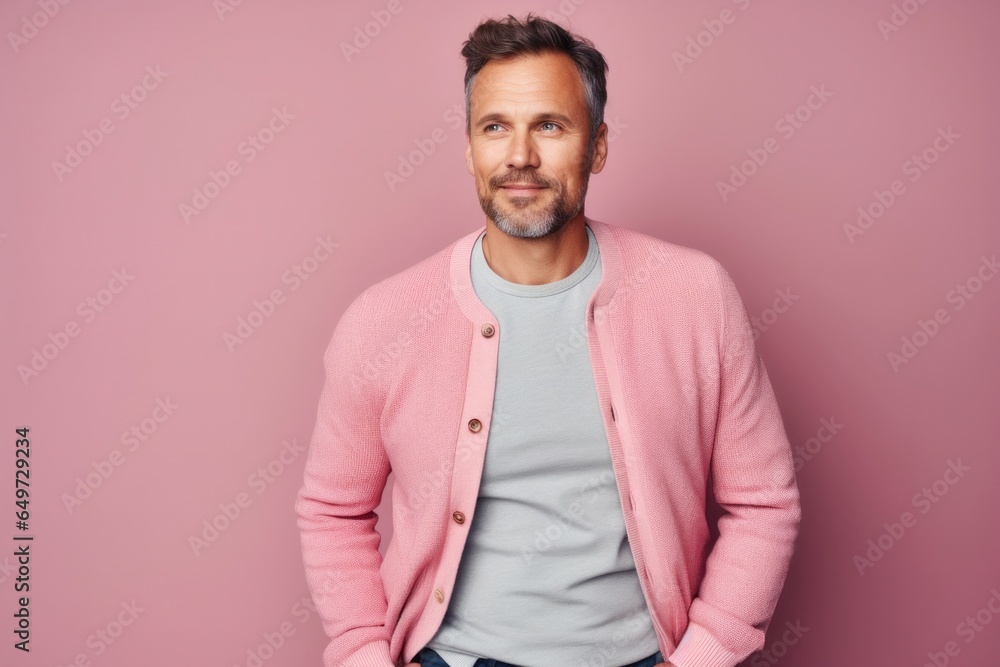 portrait of a happy Polish man in his 40s wearing a chic cardigan against a pastel or soft colors background portrait of a happy Polish man in his 40s wearing a chic cardigan against a pastel or soft colors background