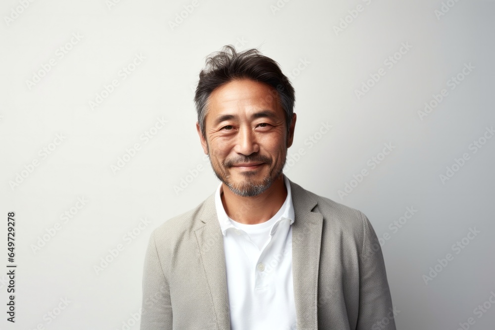 medium shot portrait of a Japanese man in his 40s wearing a chic cardigan against a minimalist or empty room background medium shot portrait of a Japanese man in his 40s wearing a chic cardigan against a minimalist or empty room background