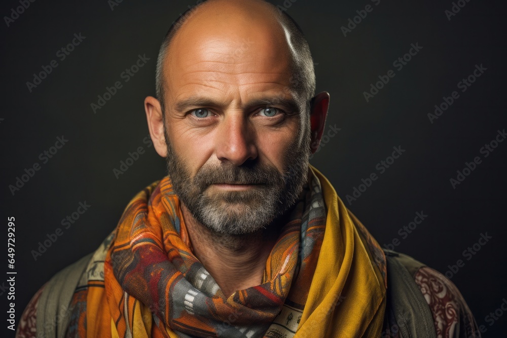 portrait of a happy Polish man in his 40s wearing a foulard against an abstract background portrait of a happy Polish man in his 40s wearing a foulard against an abstract background