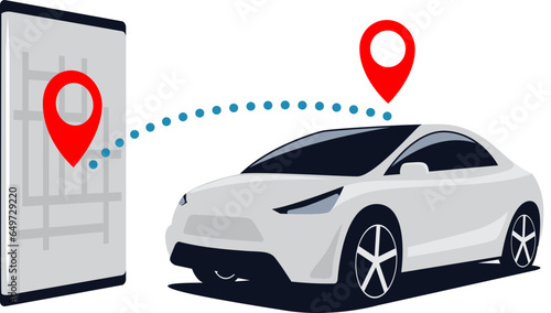 Connection car and smartphone. Search for SUV in the parking lot through the mobile application in the phone. Vector illustration.