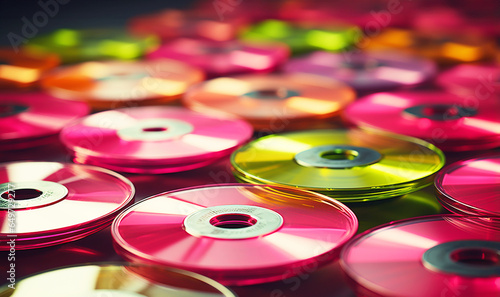 Entertainment and media technology from the 90's .Music cd's dvd's flat lay on pink background top view with copy space. Creative design 90s style. Recording and listening music, radio, dj concept. 