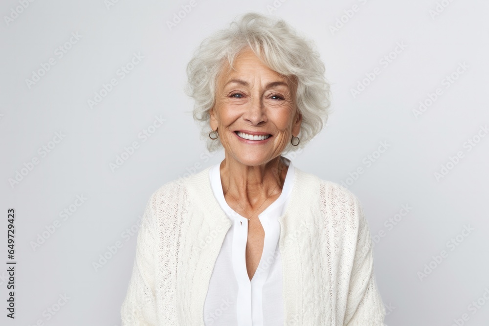 portrait of a happy Polish woman in her 70s wearing a chic cardigan against a white background portrait of a happy Polish woman in her 70s wearing a chic cardigan against a white background