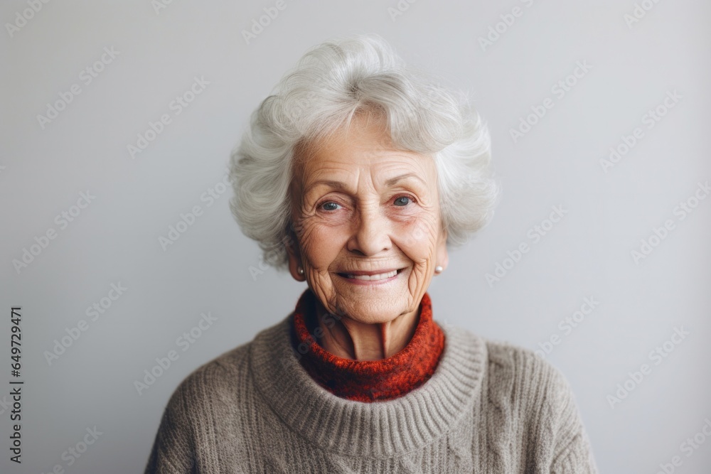 portrait of a happy Polish woman in her 80s wearing a chic cardigan against a minimalist or empty room background portrait of a happy Polish woman in her 80s wearing a chic cardigan against a minimalist or empty room background