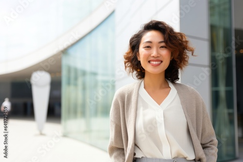 medium shot portrait of a Japanese woman in her 30s wearing a chic cardigan against a modern architectural background