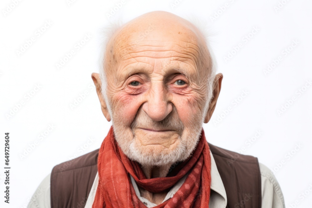 portrait of a 100-year-old elderly Polish man wearing a foulard against a white background portrait of a 100-year-old elderly Polish man wearing a foulard against a white background