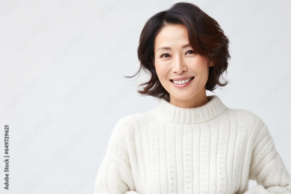 medium shot portrait of a Japanese woman in her 40s wearing a cozy sweater against a white background - obrazy, fototapety, plakaty 