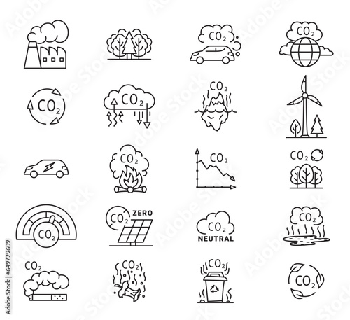 Carbon dioxide neutral CO line art icon set vector illustration. Capture and storage