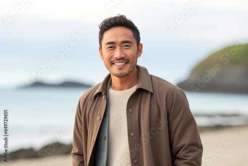 portrait of a Filipino man in his 30s wearing a chic cardigan against a beach background