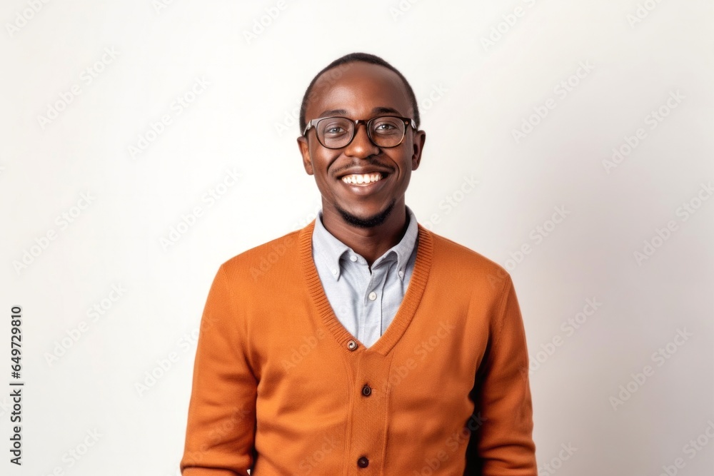medium shot portrait of a Kenyan man in his 20s wearing a chic cardigan against a white background medium shot portrait of a Kenyan man in his 20s wearing a chic cardigan against a white background