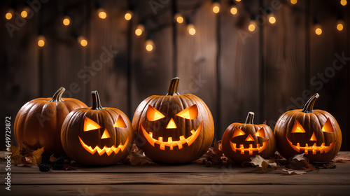 Halloween pumpkins on wooden background with bokeh lights.