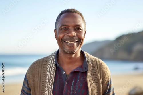 medium shot portrait of a Kenyan man in his 50s wearing a chic cardigan against a beach background