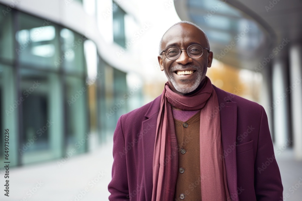 medium shot portrait of a Kenyan man in his 60s wearing a chic cardigan against a modern architectural background medium shot portrait of a Kenyan man in his 60s wearing a chic cardigan against a modern architectural background