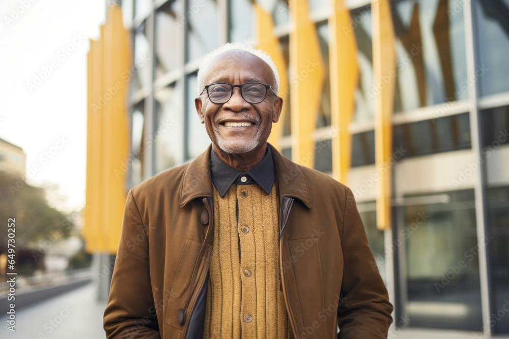 medium shot portrait of a Kenyan man in his 60s wearing a chic cardigan against a modern architectural background medium shot portrait of a Kenyan man in his 60s wearing a chic cardigan against a modern architectural background