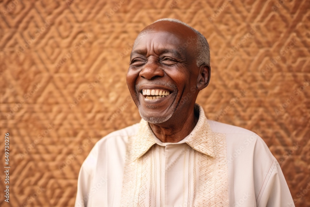 medium shot portrait of a Kenyan man in his 70s wearing a chic cardigan against an abstract background