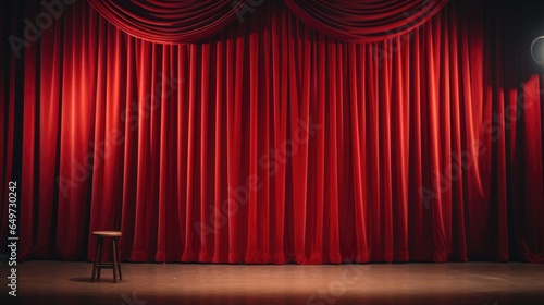 Closed crumpled red curtain over empty theater stage. AI Scene in a stand-up club.