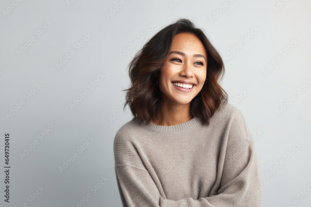 portrait of a Filipino woman in her 30s wearing a cozy sweater against a white background portrait of a Filipino woman in her 30s wearing a cozy sweater against a white background